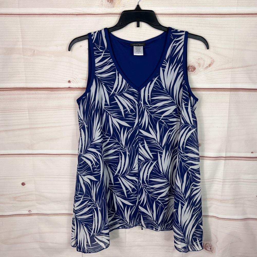Slinky Brand Top Women L Blue Palm Frond Print Tank Chiffon Layered Tunic V-Neck